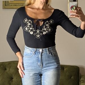 Topshop Cotton Black and White Embroidered Floral Bodysuit Unitard One Piece 4